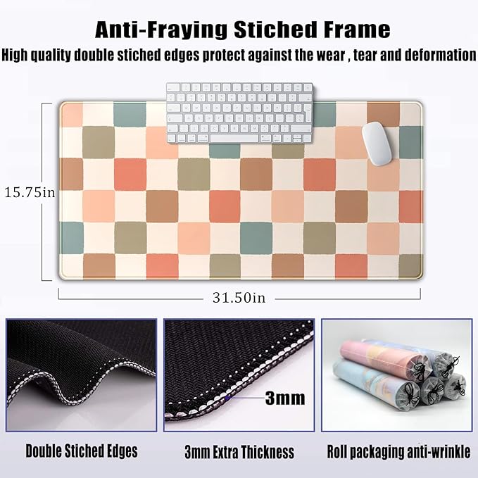 Boho Checker Desk Mat Beige Checkerboard Mouse Pad Large Aesthetic Desk Pad Extended Gaming Mousepad XXL Keyboard Pad Computer Laptop Mouse Mat Office Desktop Decor Pad 31.5x15.7 in