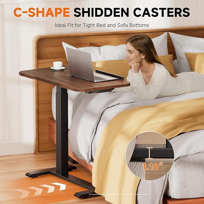 COMHOMA Tiltable Mobile Small Standing Desk, Pneumatic Adjustable Height Overbed Bedside Table with Wheels, Sit Stand Portable Rolling Laptop Desk Computer Workstations, Walnut