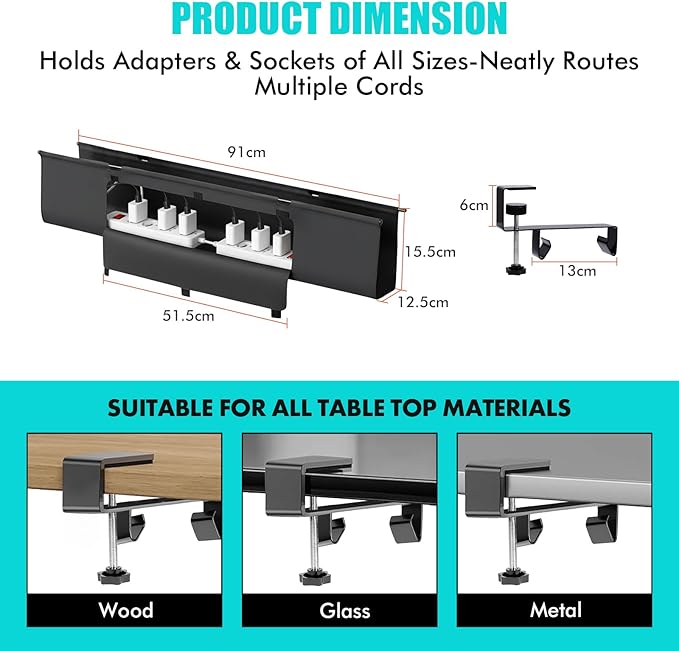No Drill Under Desk Cable Management Tray - 36" Premium Fabric Cord Organizer for Table - with Silicone Pads & Cable Ties & Sticky Notes - Supports Up to 30lbs for Office & Home