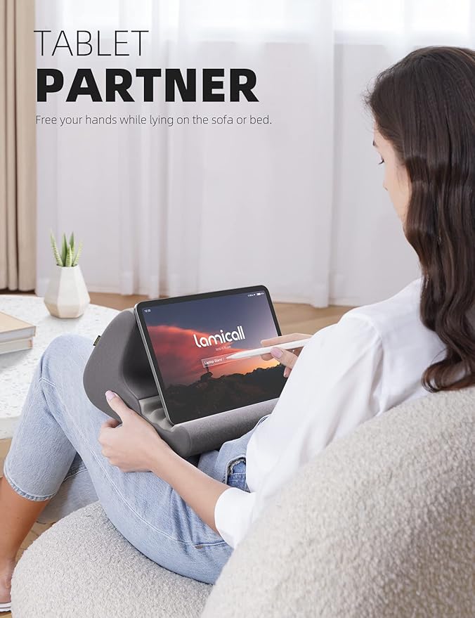Lamicall Tablet Stand Pillow Holder - Tablet Pillow Soft Pad for Bed, Lap Phone Stand with Stylus Mount & Pocket, for iPad Pro 12.9, Air, Mini, Kindle, Galaxy Tab and 4-13" Devices, Dark Grey