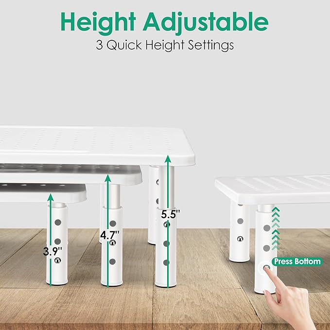 White Monitor Stand Risers for 2 Monitors, 3 Height Adjustable Monitor Stand with Pen Holder, Dual Monitor Riser Laptop Riser for Office, Home, School Supplies, 2 Pack