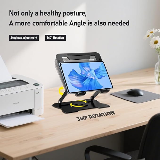 Djustable Laptop Stand with Dual Cooling Fans, Height Adjustable Ergonomic Aluminum Laptop Riser, 360° Rotating Base for Home Office & Gaming