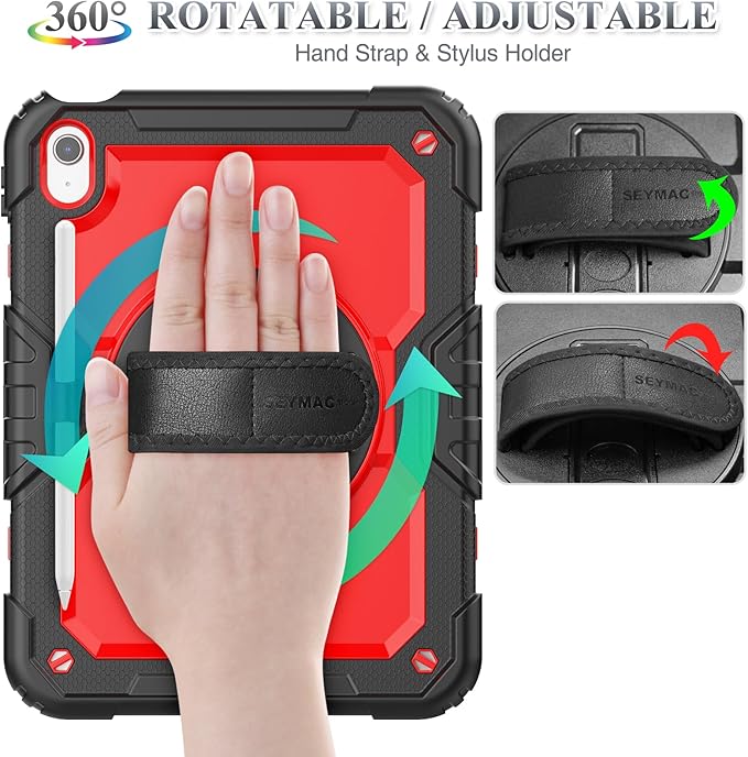 SEYMAC stock Case for iPad (A16) 11th/10th Generation 11''/10.9'' 2025/2022, Full-Body Drop Protection Case with Screen Protector &360° Rotate Hand Strap/Stand, Red+SiliconeBlack