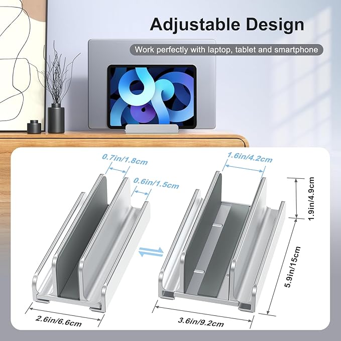 Vertical Laptop Stand, Aluminum Laptop Holder, Adjustable 3-in-1 Design, Compatible with MacBook, MacBook Pro/Air, Dell, HP, Lenovo, Up to 17.3 inches (Silver)