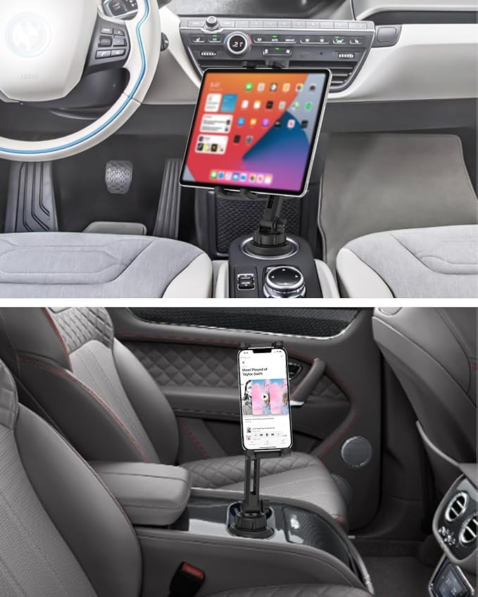 Car Cup Holder Tablet Mount for iPad, [Height & Angle Adjustable] Truck Cup Mount Tablet Holder, Stable Vehicle Cup Stand for iPad 12.9 Pro Air Mini, Galaxy Tabs, Z Fold, iPhone, 4-13" Tablets