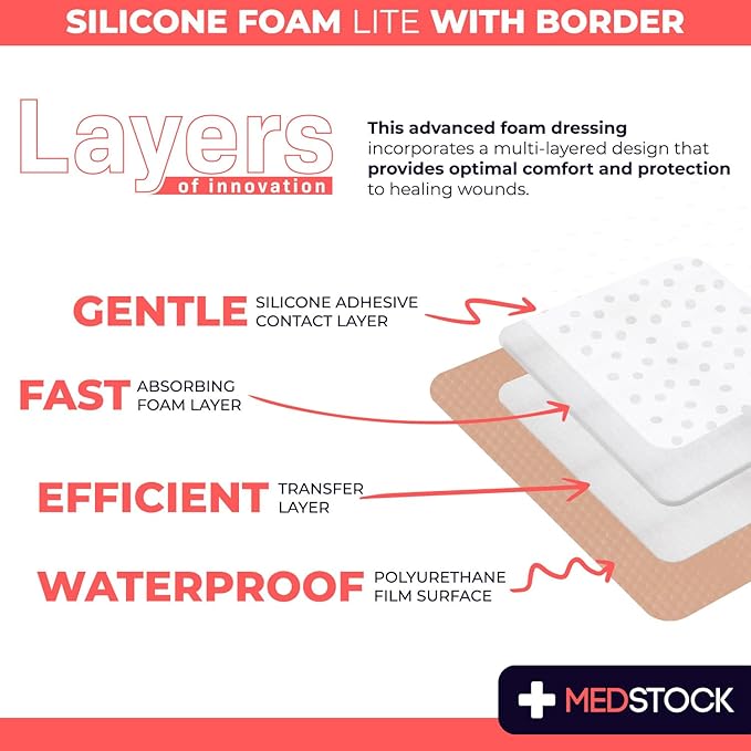 MEDSTOCK Silicone Foam Lite Dressing with Border, 4"x4" (Pack of 10), Comfortable Healing for Wounds, Waterproof, Gentle & Secure Adhesion