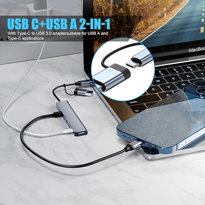 Aluminum 7 in 1 USB C/USB Hub, 2* USB C and 5* USB, USB 3.0 and USB 2.0 Ports, Ultra Slim Portable USB Splitter Adapter for Laptop, PS4, Flash Drive, HDD, Xbox, Printer, Mouse, Keyboard