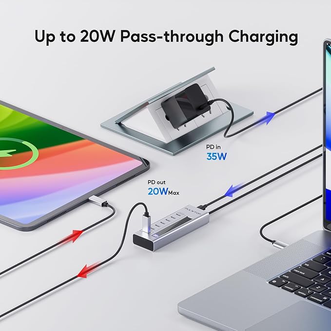Powered USB C Hub, PULWTOP 7 in 1 USB C Hub Support Data 10Gbps & Charging(Not Support Video), USB C Powered Hub 10Gbps Ports for iMac, MacBook Pro/Air, iPad, XPS, USB Hub with 35W PD Power Adapter