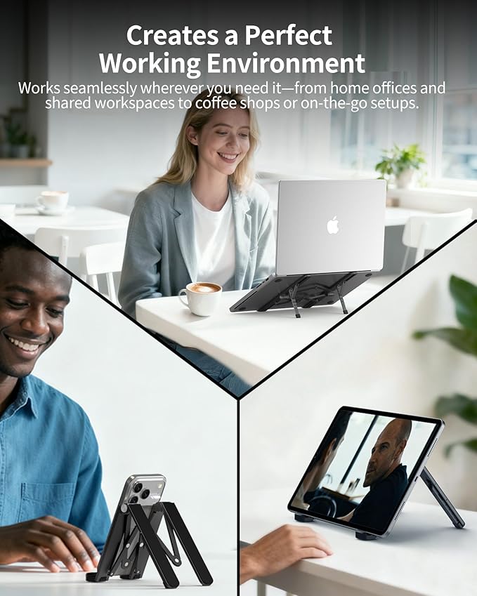 SODI 2025 Foldable Laptop Stand for Desk - Bi-fold Ergonomic Spring Adjustable Computer Holder, 3 in 1 Metal Portable Laptop Stand for Notebook, Phone, Tablet,10-16", Desk & Travel Use