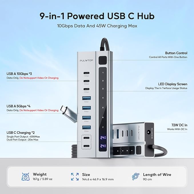 Powered USB C Hub, PULWTOP 9-in-1 USB-Hub suppprt 10Gbps & PD 45W Max Charging(Not Support Video), USB Powered Hub with 3 USB-C, 4 USB-A for Laptop, MacBook, iPad and More (72W Adapter Included)