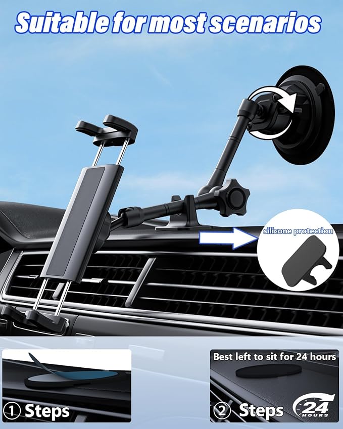 Charchendo Metal Car Windshield Tablet Holder with 10.43 inch Aluminum Alloy Arm, 360°Universal Adjustable Suction Cup Car Mount Fit for 4-13'' iPad Pro/Air/Mini, iPhones Galaxy Z Fold