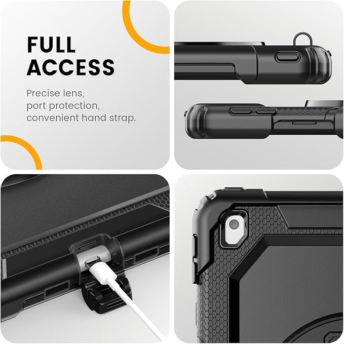 Timecity Case for iPad 9th/ 8th/ 7th Generation 10.2 inch - Heavy Duty Protective Cover with Screen Protector, Rotating Stand, Shoulder Strap & Pencil Holder | Kids-Friendly (Black)