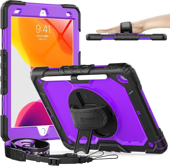Timecity Case for iPad 9th/ 8th/ 7th Generation 10.2 inch - Heavy Duty Protective Cover with Screen Protector, Rotating Stand, Shoulder Strap & Pencil Holder | Kids-Friendly (Purple)