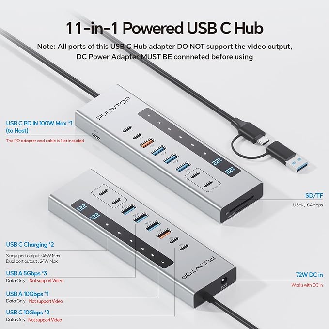 Powered USB C Hub, PULWTOP 11-in-1 USB Hub with SD/TF, 2*USB-C 10Gbps, 4*USB-A 5/10Gbps and 2 * 24/45W Type-C PD Charging Ports (Not Support Video), USB Powered Hub (72W DC Adapter Included)