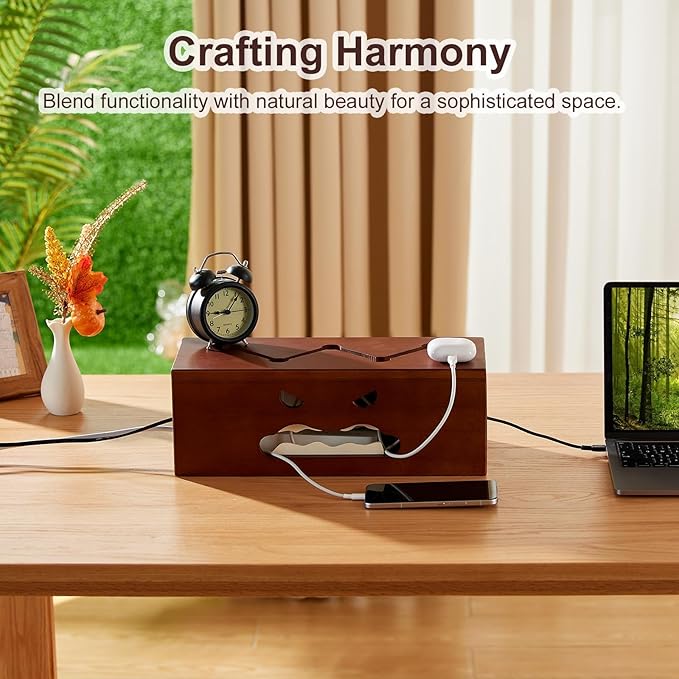Large Cable Management Box,Cord Organizer Box with Cable Sleeves and Cable Tie,Wooden Cord Hider Box for Wires on Floor,Power Strip Hider for Home,Office,Under Desk