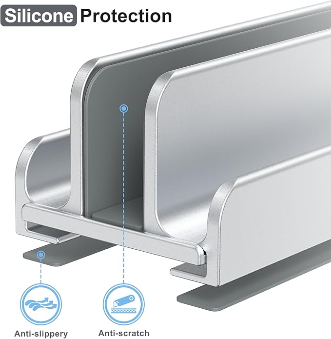 Vertical Laptop Stand, Aluminum Laptop Holder, Adjustable 3-in-1 Design, Compatible with MacBook, MacBook Pro/Air, Dell, HP, Lenovo, Up to 17.3 inches (Silver)