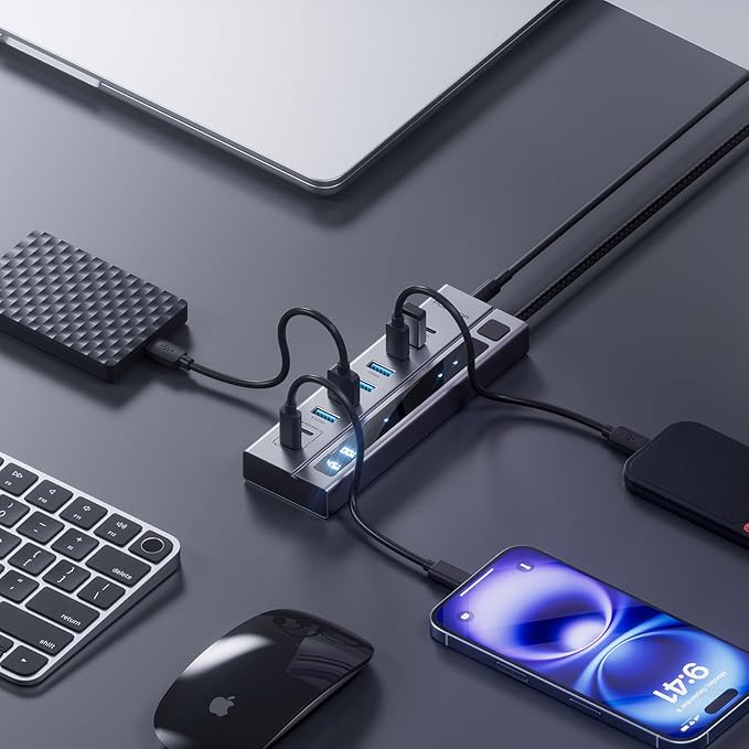 Powered USB C Hub, 9-in-1 USB-Hub suppprt 10Gbps & PD 45W Max Charging(Not Support Video), USB Powered Hub with 3 USB-C, 4 USB-A for Laptop, MacBook, iPad and More (72W Adapter Included)