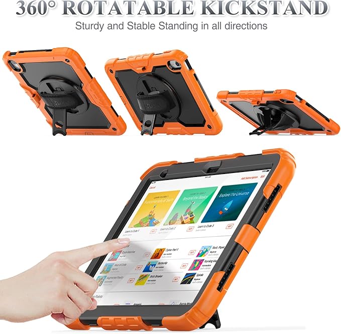 SEYMAC stock Case for iPad (A16) 11th/10th Generation 11''/10.9'' 2025/2022, Full-Body Drop Protection Case with Screen Protector &360° Rotate Hand Strap/Stand, Black+Orange