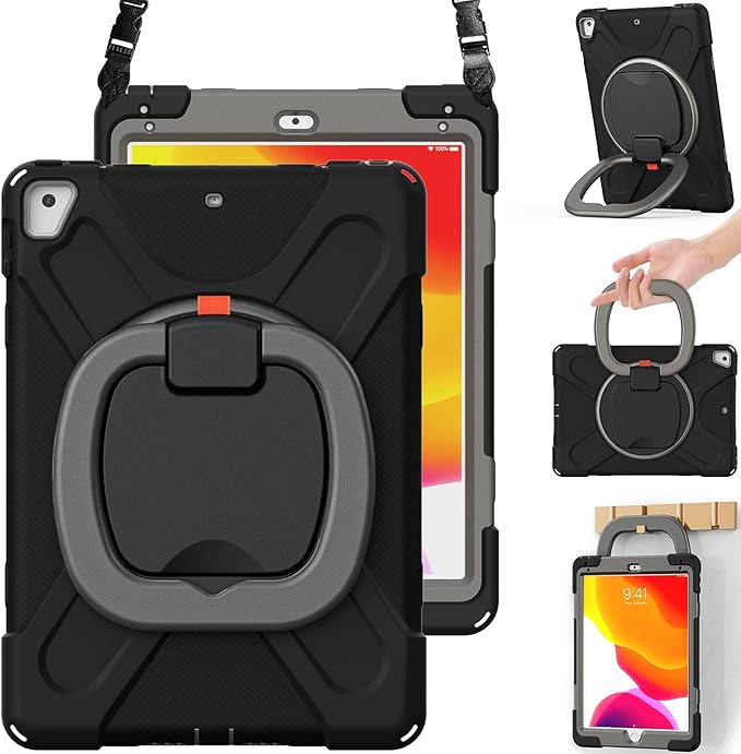 BRAECN Case for iPad 9.7 Inch 6th/5th Generation 2018/2017, iPad Air 2, 3-Layer Protective Silicone Cover with Pencil Holder/Hand Grip/Kickstand/Shoulder Strap for iPad 5th/6th Generation-Black+Grey