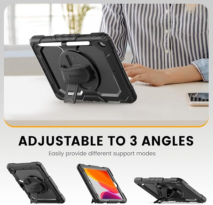 Timecity Case for iPad 9th/ 8th/ 7th Generation 10.2 inch - Heavy Duty Protective Cover with Screen Protector, Rotating Stand, Shoulder Strap & Pencil Holder | Kids-Friendly (Black)