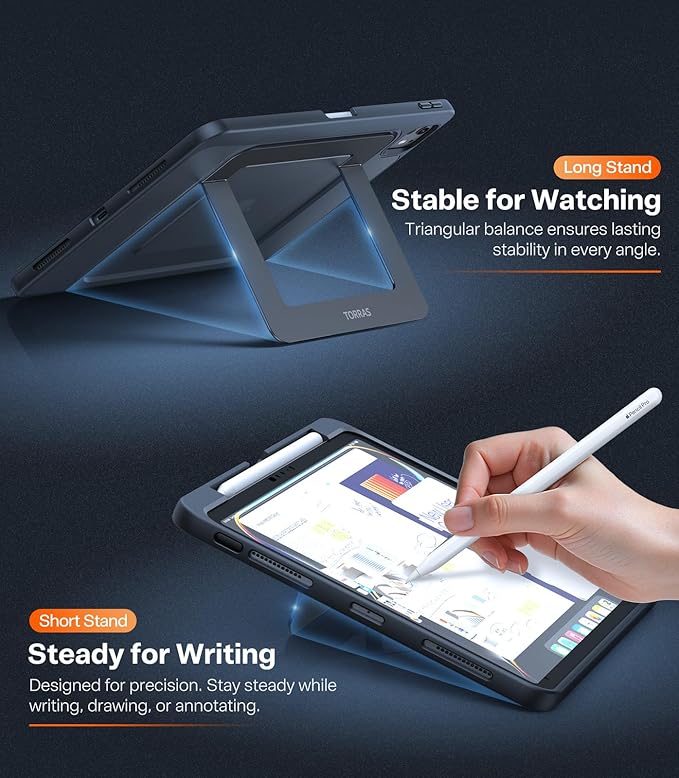 TORRAS Ostand for iPad Pro 11 inch Case 4th/3rd/2nd/1st Generation 2022 2021 2020 2018 with Sturdy Kickstand, Slim Bend-Proof, Adjustable Stand, Any-Angle Viewing, Built-in Pencil Holder, Black
