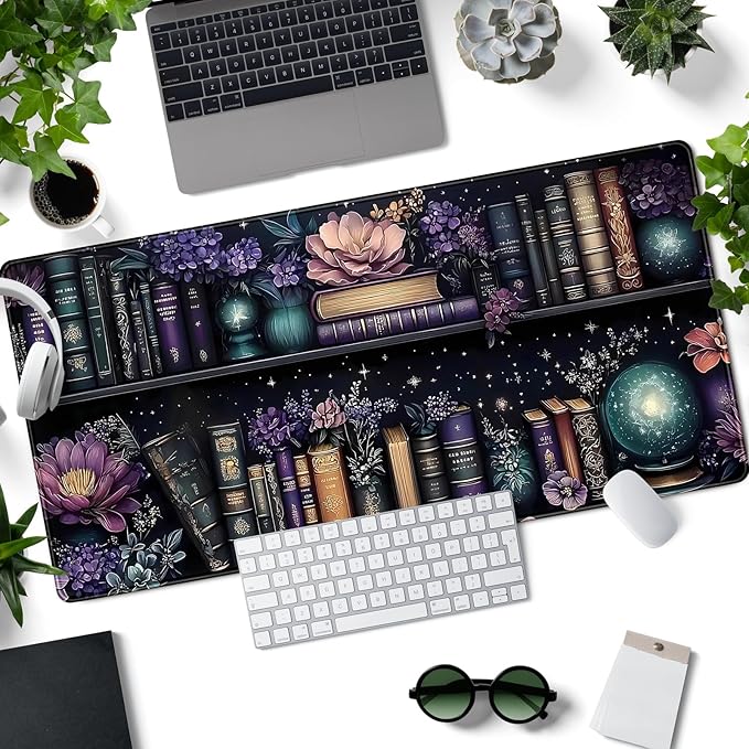 Purple Flowers Bookshelf Desk Mat Bookish Desk Pad Celestial Floral Books Large Mouse Pad XXL Extended Mousepad Aesthetic Keyboard Pad Crystal Globe Mouse Mat 31.5x15.7 in Office Decor for Women