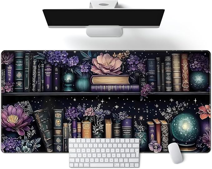 Purple Flowers Bookshelf Desk Mat Bookish Desk Pad Celestial Floral Books Large Mouse Pad XXL Extended Mousepad Aesthetic Keyboard Pad Crystal Globe Mouse Mat 31.5x15.7 in Office Decor for Women