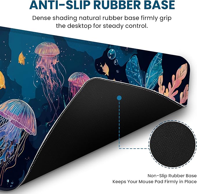 Large Mouse Pad for Desktop, Cute Desk Mat Pad Protector for Work & Gaming, Aesthetic Pretty Anti-Slip Laptop Blotter Cover for Office School Home Supplies, Jellyfish, 35.4" x 15.7"