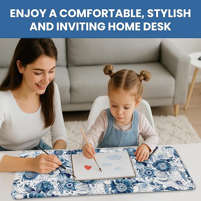Large Mouse Pad for Desktop, Cute Desk Mat Pad Protector for Work & Gaming, Aesthetic Pretty Anti-Slip Laptop Blotter Cover for Office School Home Supplies, Blue Floral, 31.5" x 11.8"