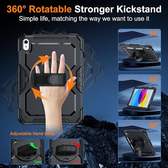 Case for iPad (A16) 11th Generation 11 Inch (2025), Ubearkk for iPad 10th Generation 10.9 inch 2022 case with Screen Protector, 360 Degree Rotating Stand/Adjustable Shoulder Strap/Pencil Holder, Black