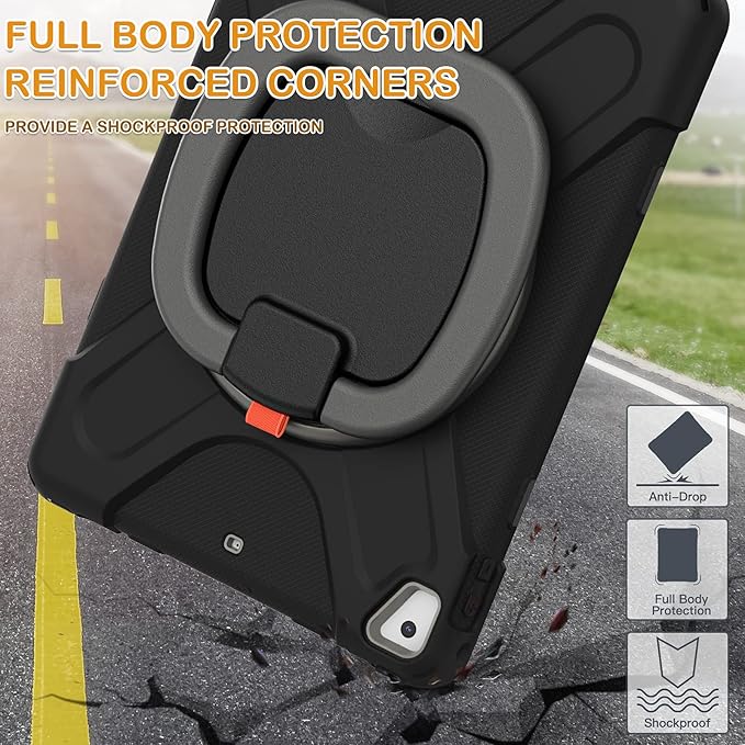 BRAECN Case for iPad 9.7 Inch 6th/5th Generation 2018/2017, iPad Air 2, 3-Layer Protective Silicone Cover with Pencil Holder/Hand Grip/Kickstand/Shoulder Strap for iPad 5th/6th Generation-Black+Grey