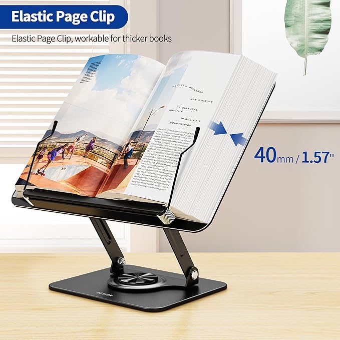 BESIGN BS02 Book Stand for Reading, Adjustable Book Holder, Ergonomic Laptop Stand with Elastic Page Clips for Music Scores, Recipe, Tablet (Black)
