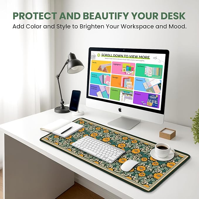Large Mouse Pad for Desktop, Cute Desk Mat Pad Protector for Work & Gaming, Aesthetic Pretty Anti-Slip Laptop Blotter Cover for Office School Home Supplies, Baroque Bloomfield, 35.4" x 15.7"
