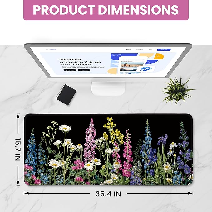 Large Mouse Pad for Desktop, Cute Desk Mat Pad Protector for Work & Gaming, Aesthetic Pretty Anti-Slip Laptop Blotter Cover for Office School Home Supplies, Starlit Petals, 35.4" x 15.7"