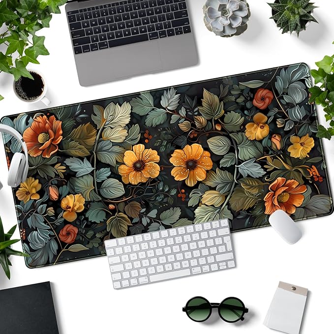 Floral Desk Mat Old World Style Cottagecore Flowers Extended Mouse Pad Large Botanical Gaming Mousepad XXL Cute Aesthetic Computer Keyboard Mouse Mat 31.5''X15.7'' Desk Pad Office Decor