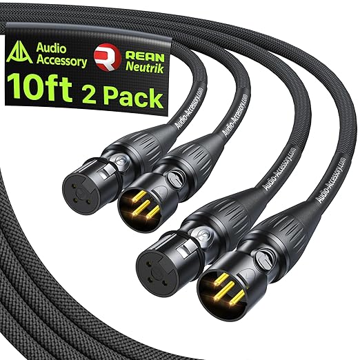 XLR Cables 10ft 2 Pack, Neutrik REAN Gold-Pin Connectors, 21AWG OFC, Kevlar-Reinforced Nylon Braided, AL & OFC Dual Shielded Male to Female Balanced XLR Microphone Cable for Shure