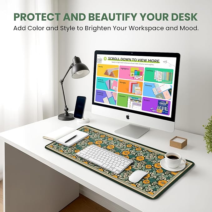 Large Mouse Pad for Desktop, Cute Desk Mat Pad Protector for Work & Gaming, Aesthetic Pretty Anti-Slip Laptop Blotter Cover for Office School Home Supplies, Baroque Bloomfield, 31.5" x 11.8"