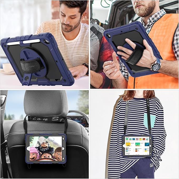 SEYMAC stock Case for iPad 9th/ 8th/ 7th Generation 10.2'', Shockproof with Screen Protector, Pencil Holder [360° Rotating Hand Strap] & Stand, for iPad 10.2 inch 2021-2019 (Navy Blue)