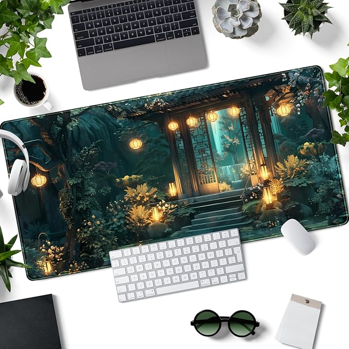 Lofi Desk Mat Japanese Large Mouse Pad Extended Gaming Mousepad XXL Computer Laptop Keyboard Pad Big Mouse Mat Green Aesthetic Desk Pad Office Decor 31.5x15.7 in
