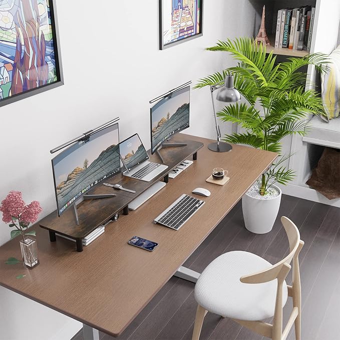 Dual Monitor Stand - 43.7 inch Extra Long Wide TV Stand - Wood & Steel Leg Desktop Riser - Desk Organization - Home Office (Vintage)