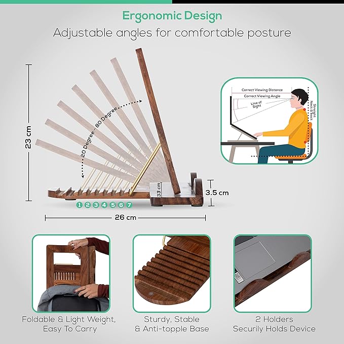 Wooden Foldable & Adjustable Laptop Riser | Ergonomic Mango Wood Laptop Stand | Portable Multi-Angle Notebook Holder for 7.9 to 12.9 Inch Laptops & Tablets