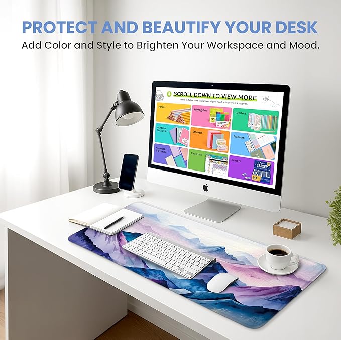 Large Mouse Pad for Desktop, Cute Desk Mat Pad Protector for Work & Gaming, Aesthetic Pretty Anti-Slip Laptop Blotter Cover for Office School Home Supplies, Distant Peaks, 35.4" x 15.7"