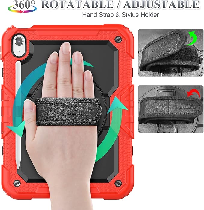 SEYMAC stock Case for iPad (A16) 11th/10th Generation 11''/10.9'' 2025/2022, Full-Body Drop Protection Case with Screen Protector &360° Rotate Hand Strap/Stand, Black+Red