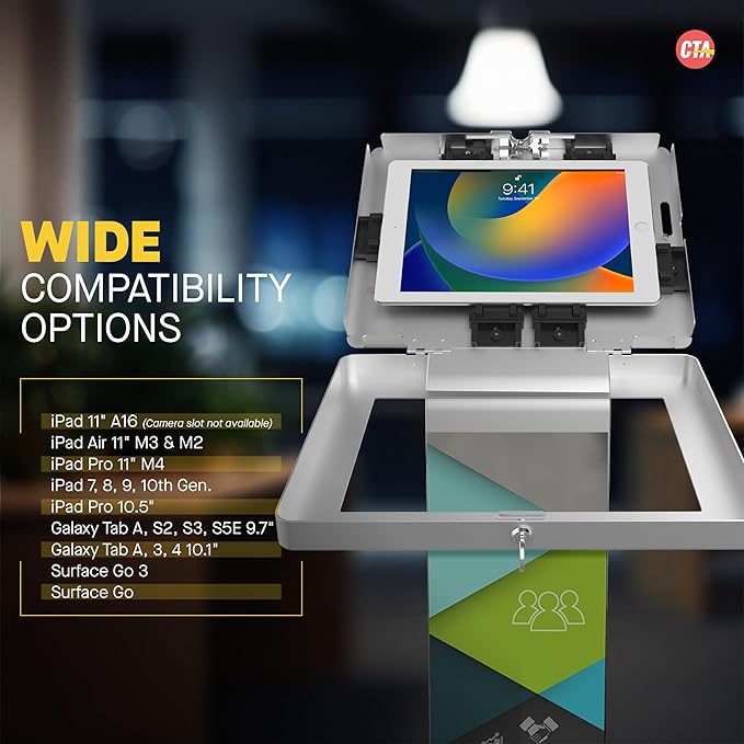 Premium Kiosk Floor Stand – CTA Locking Support Base Kiosk for iPad 11 (A16) - Pro 11-inch M4 - Air 11-inch M3- iPad 10th Gen - Galaxy Tab & More Tablets - Silver - (PAD-PARAFS)