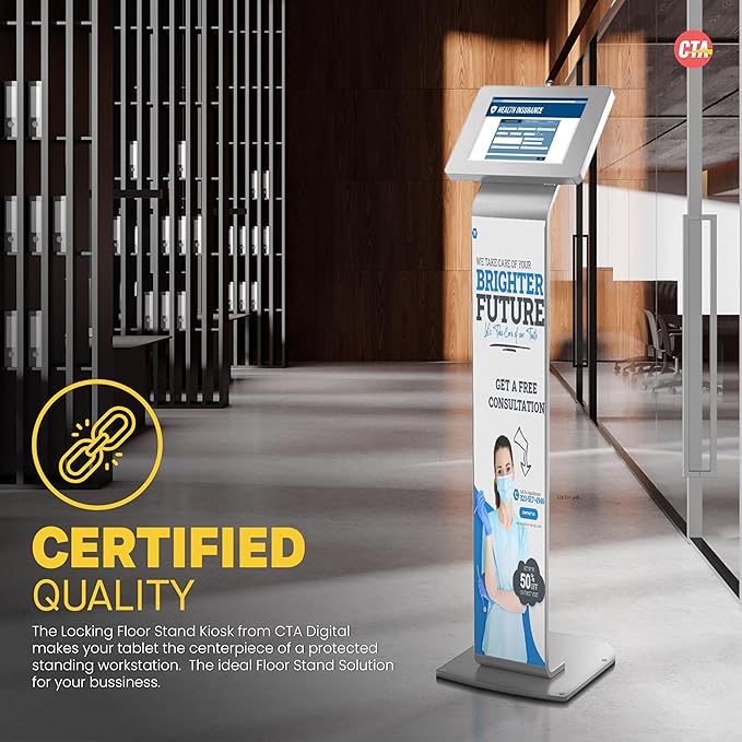 Premium Kiosk Floor Stand – CTA Locking Support Base Kiosk for iPad 11 (A16) - Pro 11-inch M4 - Air 11-inch M3- iPad 10th Gen - Galaxy Tab & More Tablets - Silver - (PAD-PARAFS)