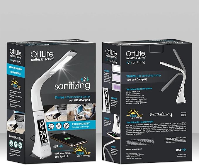 OttLite Thrive LED Sanitizing Desk Lamp with Clock and USB Charging - Eliminates up to 99.9% of Bacteria, Touch Activated, Flexible Neck, Modern Light for Reading, Crafting & Office Desktop