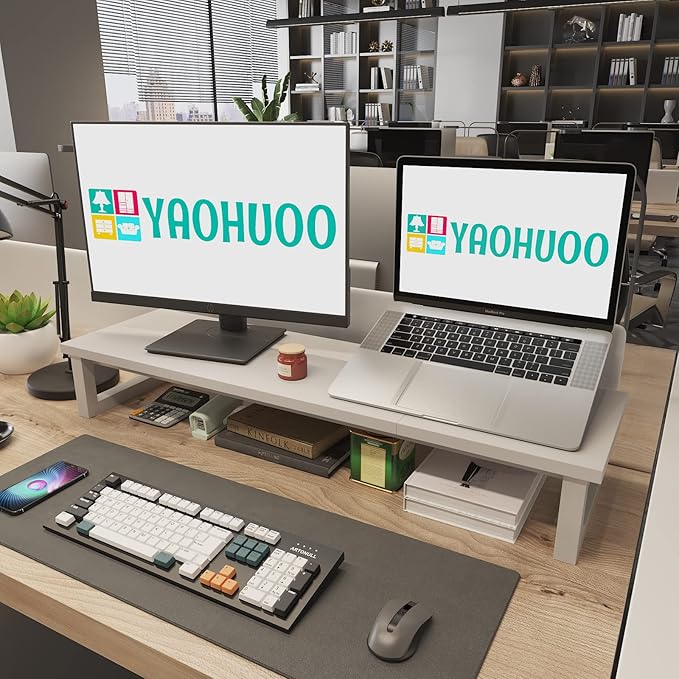 YAOHUOO Dual Monitor Stand Riser, 39Inch Large Monitor Stands for 2 Monitors, Computer Monitor Stand, Wooden Desktop Oraganizer Shelf for Office Desk Computer,Laptop,TV