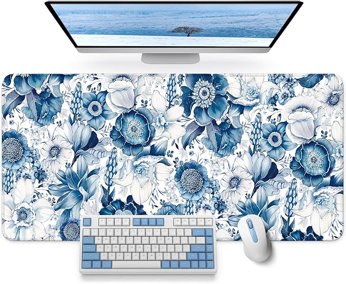 Large Mouse Pad for Desktop, Cute Desk Mat Pad Protector for Work & Gaming, Aesthetic Pretty Anti-Slip Laptop Blotter Cover for Office School Home Supplies, Blue Floral, 31.5" x 11.8"