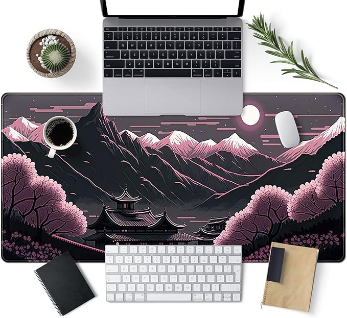Sakura Blossom Desk Mat Japanese Scenery Mountain Large Mouse Pad XXL Extended Gaming Mousepad Japan Black Pink Aesthetic Desk Pad Keyboard Mouse Mat 31.5''X15.7'' Desk Decor