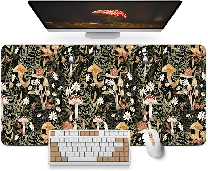 Large Mouse Pad for Desktop, Cute Desk Mat Pad Protector for Work & Gaming, Aesthetic Pretty Anti-Slip Laptop Blotter Cover for Office School Home Supplies, Mushroom, 31.5" x 11.8"
